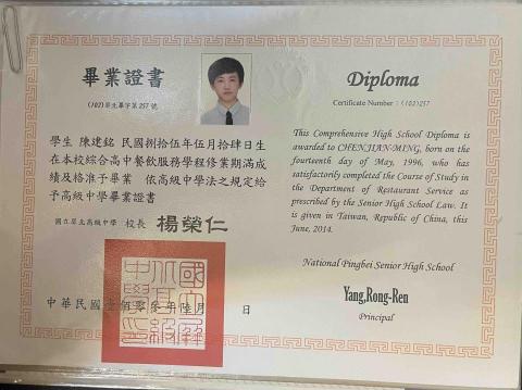 陳建銘 - 高中畢業證書