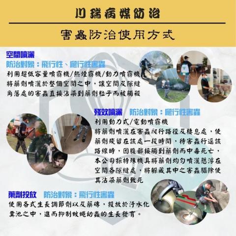 川瑞病媒防治有限公司 - 描述蟲害施作方式：空間、殘效、藥劑投放