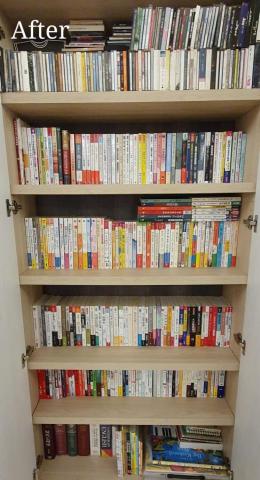 心.整理▪︎Fiona▪︎ - 由於屋主擁有大量的書籍(約莫圖片中的四倍)，故將書籍依照類別存放，並照高矮排列，避免不必要的空間浪費。