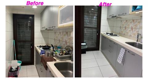 楊安妮 - 這個案子的主人是一位年輕的上班族，由於廚房空間不大，且廚具大多堆放在流理台上，更限制了做飯時的空間，因此整理時，將各項物品依主人的習慣，使用頻率及動線收進廚櫃內。地上的拖把移至後陽台，垃圾整理後將垃圾筒移至角落，讓通道空間變為順暢，廚櫃再經小蘇打擦拭後變為整潔清爽，主人說廚房整理後讓她變得愛下廚了。