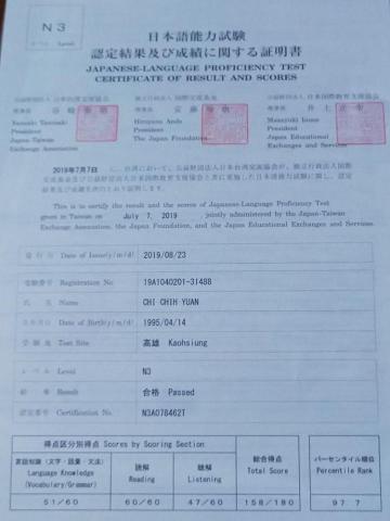 紀志遠 - JLPT N3證書