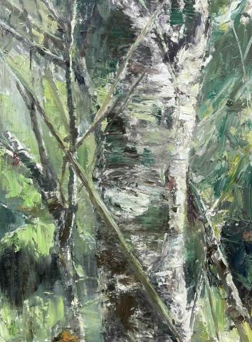 徐婉婷 - 油畫 以半寫實 半抽象方式呈現樹在樹和背後的綠意盎然
