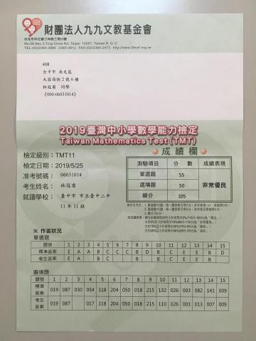 林老師數學家教 - 參加2019年TMT11 獲得非常優良