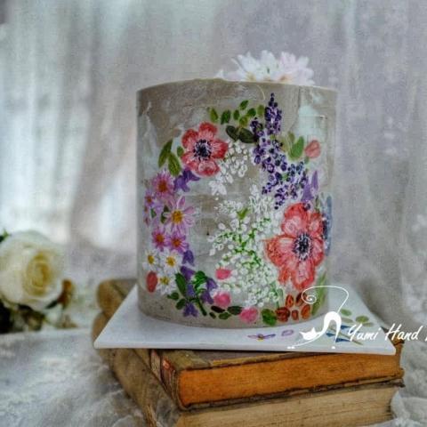 Yumi手作烘焙/韓式擠花/flowers cake/香氛蠟 - 彩繪牛奶霜蛋糕