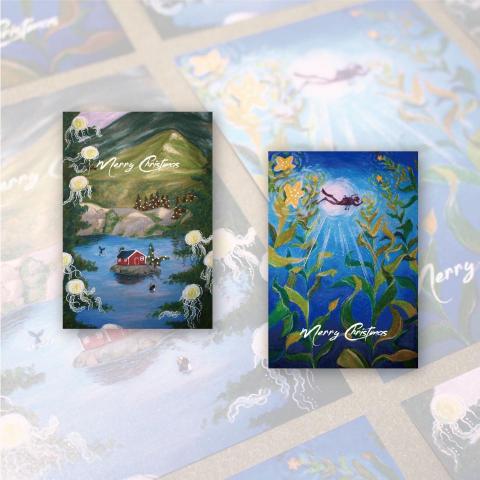 鯨島設計 ::: 52hz - 作品名稱｜2020回聲計畫_山海間的聖誕節（一式兩款）
表現方式｜油性粉彩、彩色印刷輸出
原作尺寸｜八開