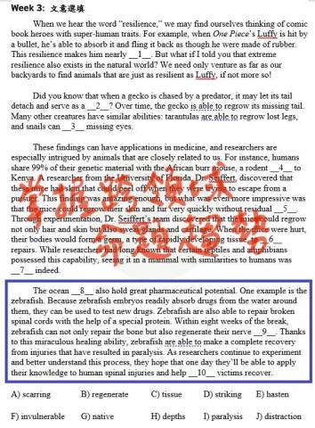 高漢梃 - 同樣是Zebrafish相關題材，以「文意選填」方式命題。