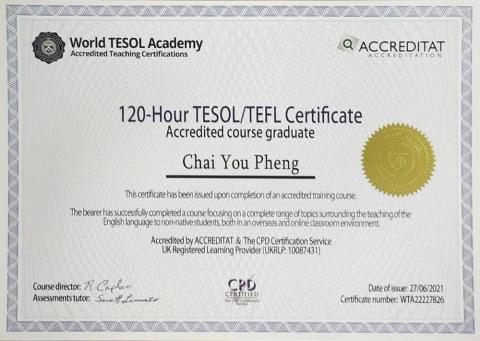 蔡佑澎 - TESOL/TEFL 國際教學證照