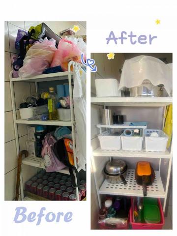 整理師亞希（AKY) - 未明確分類的物品放在一起，視覺較為雜亂；將食器類的物品依照使用頻率多寡來做定位，至於其它類的另做收納，看起來較為清爽明亮了！
