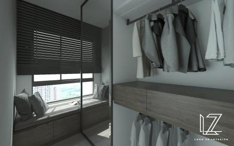 櫳澤室內空間設計 - 【 新北 ‧ 豐邑日日 】
午後的時光，回到家，推開門扉，窗外灑落的光影映在電視牆面上。
大片木質的電視牆配上木頭地板，簡約而沈穩；與它相連接的是半開放式陳列置物櫃，有著幾何圖形的造型門片，兼具收納與美觀的設計，讓整個空間瞬間生動起來。
另一側，沙發背牆與餐廳主牆均使用灰底藝術塗料，提升空間牆面的質感，也增加了一絲寧靜的氛圍。
走入主臥與更衣室，為了回應女屋主對擁有更衣室的期望，設計空間捨棄了主臥