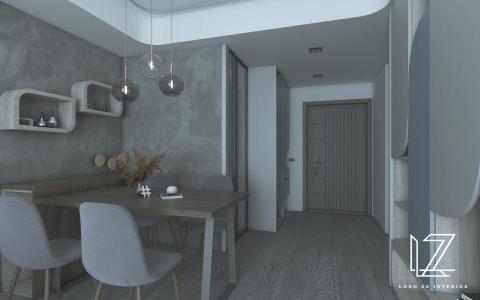 櫳澤室內空間設計 - 【 新北 ‧ 豐邑日日 】
午後的時光，回到家，推開門扉，窗外灑落的光影映在電視牆面上。
大片木質的電視牆配上木頭地板，簡約而沈穩；與它相連接的是半開放式陳列置物櫃，有著幾何圖形的造型門片，兼具收納與美觀的設計，讓整個空間瞬間生動起來。
另一側，沙發背牆與餐廳主牆均使用灰底藝術塗料，提升空間牆面的質感，也增加了一絲寧靜的氛圍。
走入主臥與更衣室，為了回應女屋主對擁有更衣室的期望，設計空間捨棄了主臥