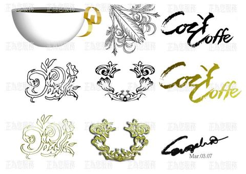 Evangelina Huang - 咖啡店LOGO設計，以巴洛克風格為發想，以手繪作草稿，再做成電繪圖