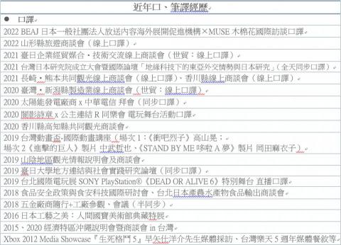 專業中日雙向口筆譯 Lala Chiang - 近年口譯經歷（中文版）