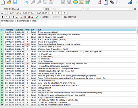 利庭葦 - 之前進行字幕翻譯案子的工作畫面，工作的軟體為Aegisub。