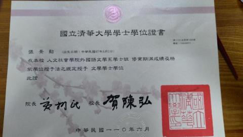 張景勛 - 學士學位證書