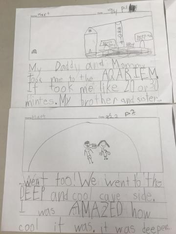 Rise Up English Tutoring - Teachers College Writing /Reading Workshop Narrative Writing Gr 1 學生，上了一個月，可以應用大寫字母為寫作技巧，呈現在寫作中。
