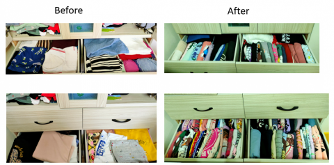 享收納 - 改用直立式摺好放進抽屜裡，
不只讓客戶好找衣服，
也增加放衣服的空間