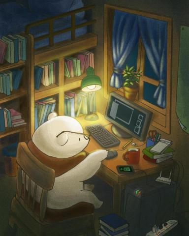 張勝杰 - 依照熬夜做圖的模樣為主，設計出這張插畫。