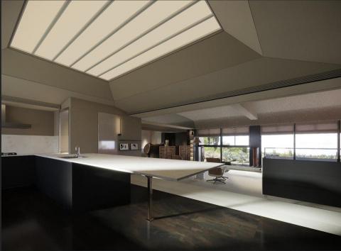 呂志傑 - 極簡線條的現代廚房，高架地板的視線越過客廳直接瀏覽高層的景觀