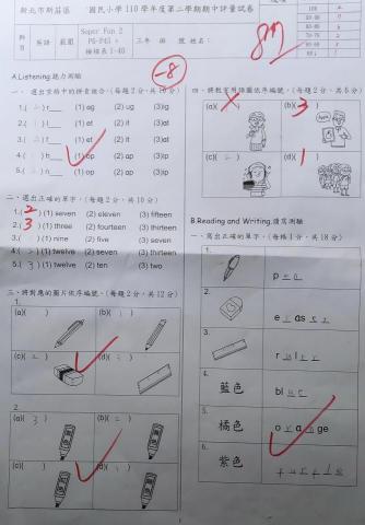張麗文 - 國小三年級的學生期中考卷考87分