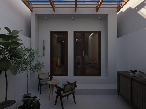 林柏岑 - 來自信義區的楊小姐
          一樓外推的玄關，想要打造巷弄咖啡廳的氛圍，材用透光的採光罩來增加柔和的光源
           天、地、壁，噴塗外牆顆粒塗料，滿足業主異域風情的想像，最後加上局部木紋以及盆栽的溫柔點綴，能在喝咖啡的同時，享受身心靈的放鬆。