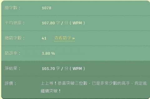 張寧 - 中文打字WPM成績：103.7字/分