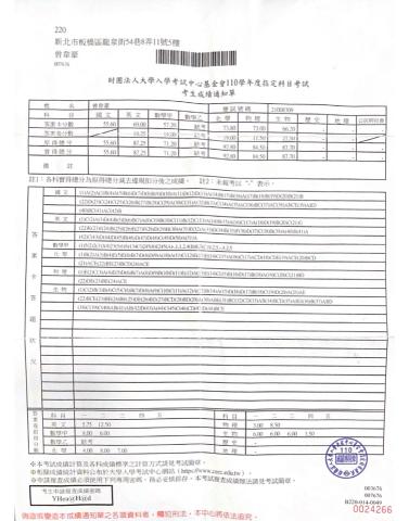 曾韋豪 - 110指考成績單
