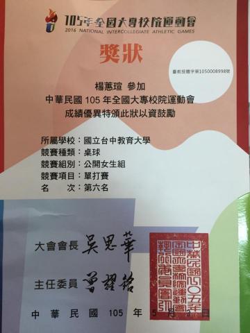 楊蕙瑄 - 大專盃公開女子組單打第六