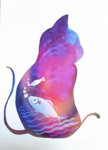 Erica - 電繪+手繪-水彩-愛吃魚的貓系列-2