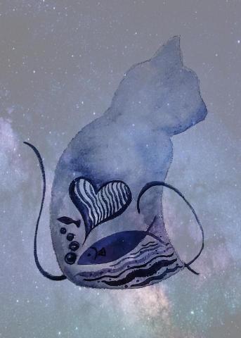 Erica - 電繪+手繪-水彩-愛吃魚的貓系列-1