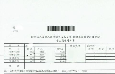 楊（台大經濟系） - 指考成績單