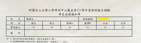 鄭博允 / 數學家教 - 學測成績單