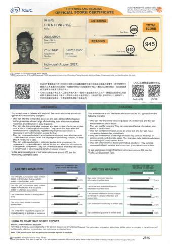 陳嵩皓 - 多益945
