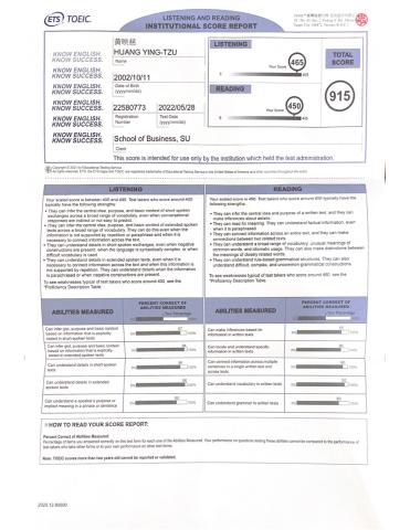 黃映慈 - 2022/05/28 多益成績單