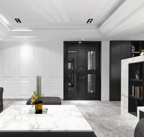 群展室內空間設計 - 客廳設計 白潔亮麗 黑色大門尊貴典雅 天花板造型立體感十足 整個空間寬廣明亮