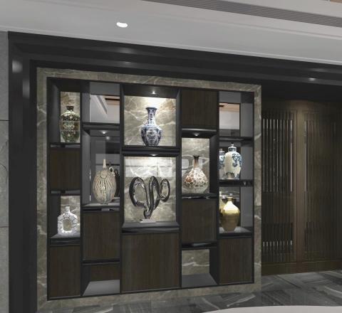 群展室內空間設計 - 精品櫃設計 跳脫傳統模式 採矩方格交錯律動感 石材崁入櫃內 益增精緻質感 使整個造型更加豐富生動