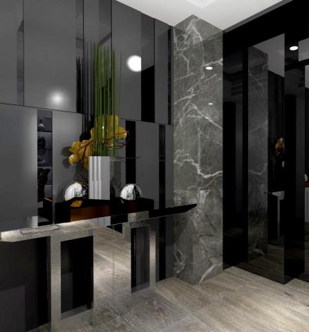 群展室內空間設計 - 端景桌台律動壁面造型 鐵灰烤漆及金屬桌台 金石交錯 產生重裝現代感