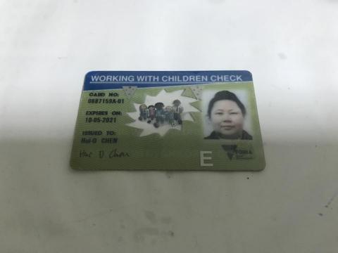 Grace Chen - This card can be used to do both paid and voluntary child-related work. Issued in Victoria.
本人許可在澳洲境內從事任何和母語人士孩童有關的教育和工作。