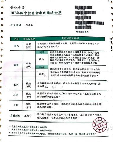 陳彥丞 - 107 國中會考成績單正面
( 5A++ ， 四科全對，僅國文錯兩題，作文五級分)