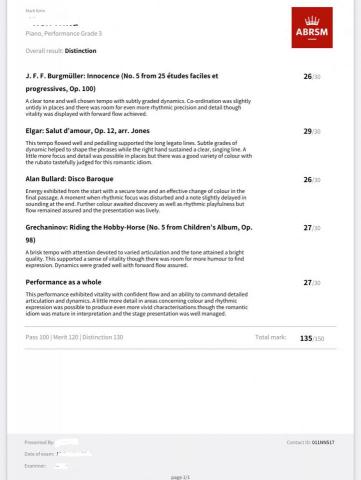 高雄鼓山區鋼琴～Shinny老師 - 學生考試成績~Distinction