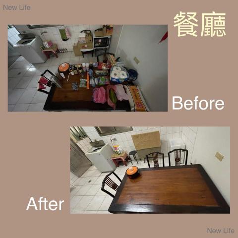 New New｜整理收納教練 ( 台南 ) - 餐廳：
原本雜物堆滿餐桌
善用桌邊收納櫃
讓餐桌保持清爽