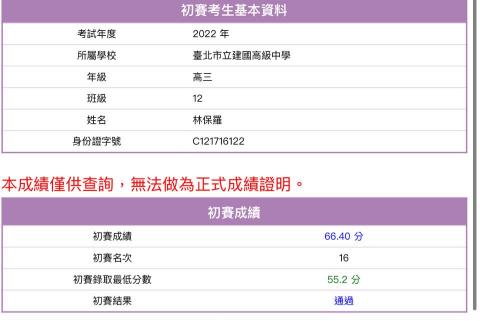 林保羅 - 2022國際生物奧林匹亞競賽國手選拔初賽全國第16名