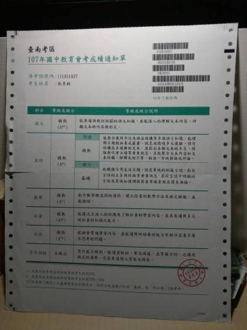 張景程 - 會考成績單