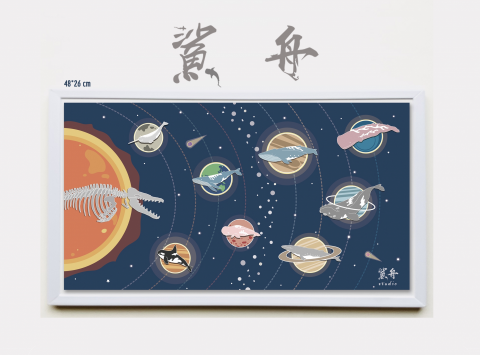 廖翊庭 -  鯨魚與星球的簡約插畫，以海報形式呈現。