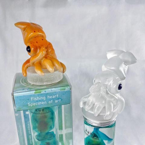 廖翊庭 - 與魚心標本的聯名作品，做出兩種版本的透抽瓶蓋公仔，雖然是以Q版方式呈現，不過生物特徵跟細節都絕不馬虎。