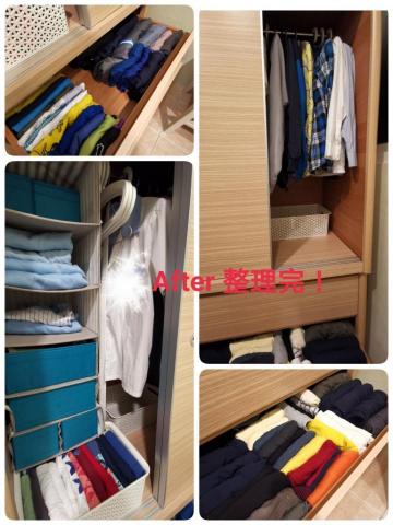 9959958來我家收納 - 將制服與便服分開收納，抽屜分成上層夏衣褲，下層冬衣褲，很厚的外套，長褲等收入塑膠置物箱內，待換季時再拿出來吊掛。
收納層架移至左邊讓左撇子小孩好拿取衣物，冬天薄長袖改掛右邊靠牆處。