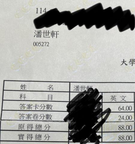 潘世軒 - 英文指考分數