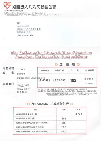 張簡晧祥 中央數學🎓 - 美國AMC12高中數學競賽成績單，成績非常優良