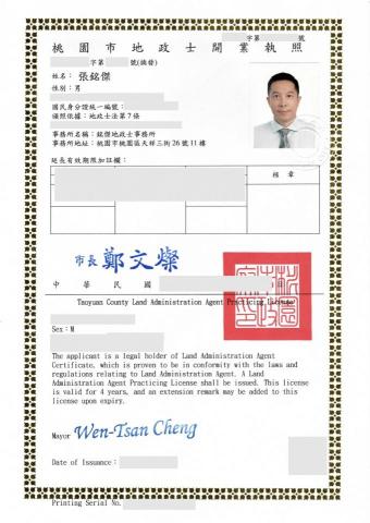 張銘傑代書、估價師 - 地政士開業證書