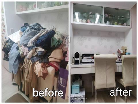 做家整理師奧莉薇 - 將原本被衣物佔滿的桌面及桌下空間整理出來，重新設置為屋主能優雅準備早餐的空間。