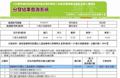 馬紹碩 - 109統測生物15級分(96分)